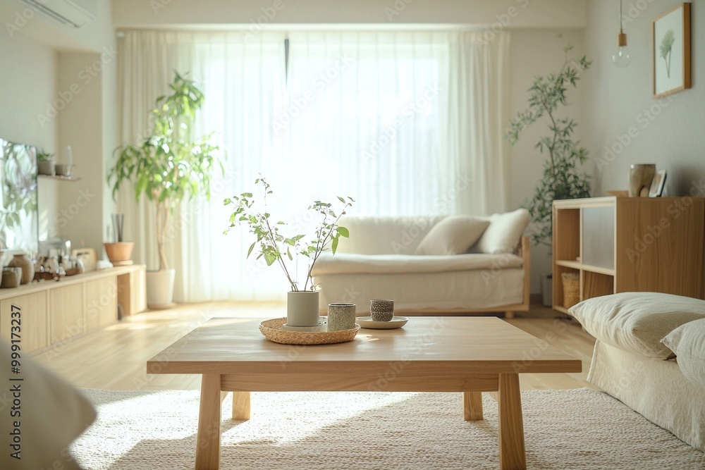 Fototapeta premium Photographed the living room of a combination of Scandinavian and japandi interiors in a modern house. Generative AI 