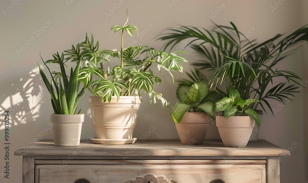 Obraz premium Indoor potted plants on top of dresser an old wooden chest of drawers