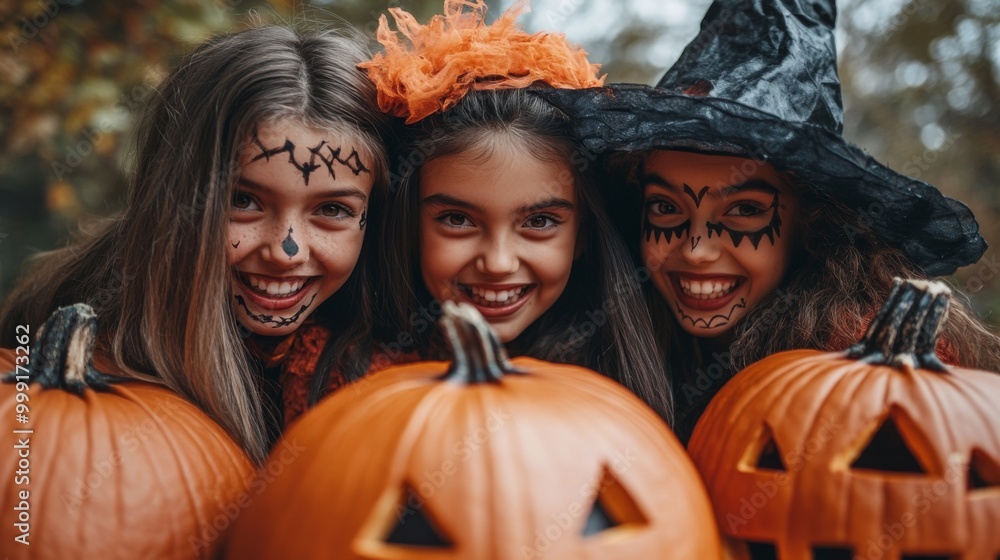 Fototapeta premium Halloween Themed Photoshoot with Pumpkins and Witches in the Forest