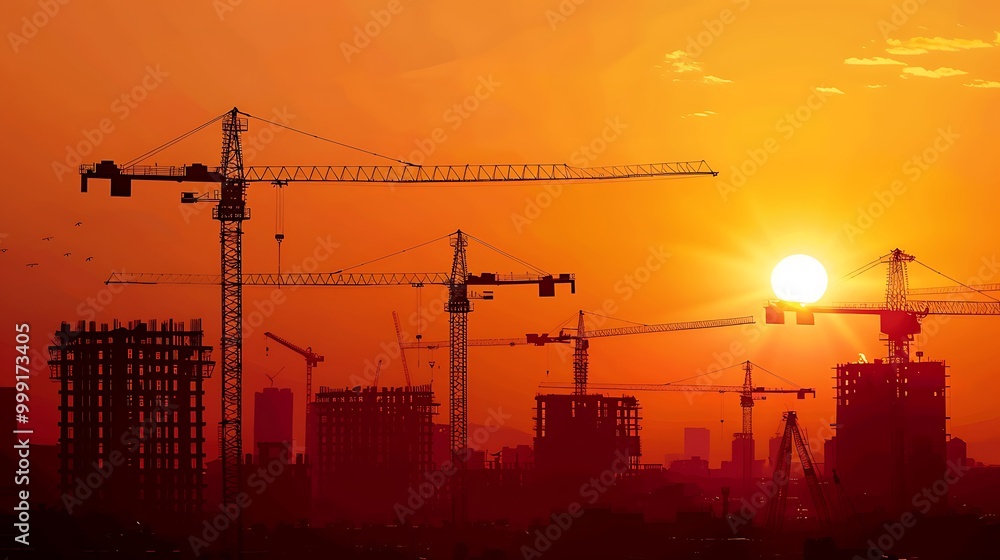 Silhouette of construction cranes and building under construction at sunset Silhouette of construction cranes and building under construction at sunset