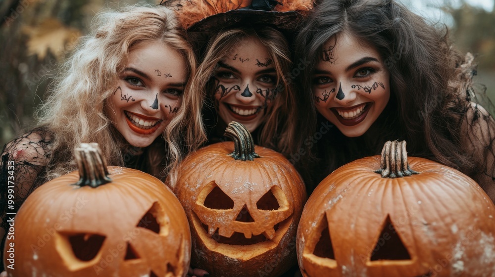 Girls Celebrating Halloween with Pumpkins and Costumes Girls Celebrating Halloween with Pumpkins and Costumes