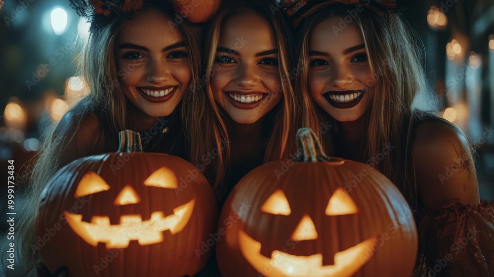 Girls Celebrating Halloween with Pumpkins and Costumes Girls Celebrating Halloween with Pumpkins and Costumes