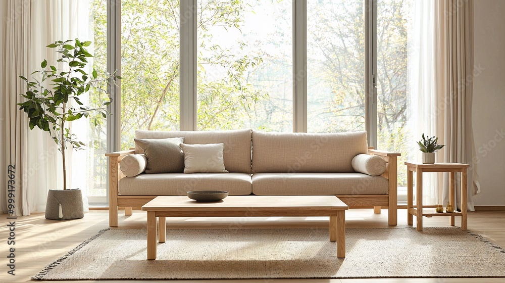 Fototapeta premium Interior photograph of a modern living room with a Scandinavian interior and a japandi interior combination. Generative AI 