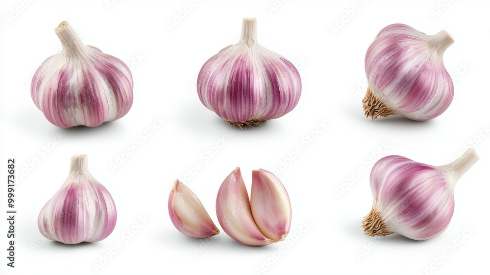 A close up of six garlic cloves, one of which is cut in half A close up of six garlic cloves, one of which is cut in half