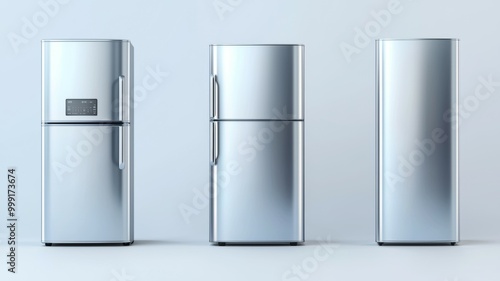 Three silver refrigerators are lined up on a white background photo