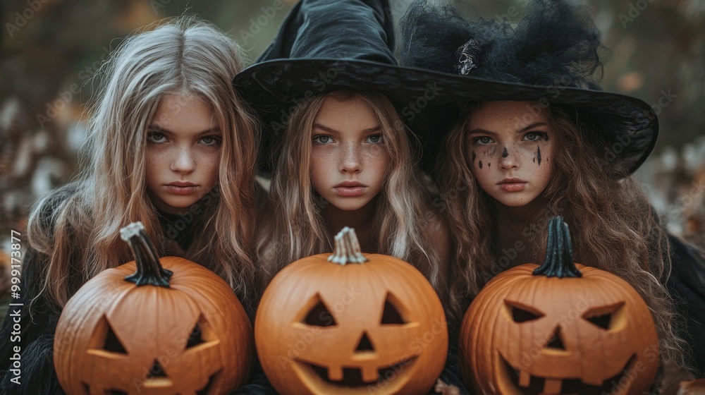 Girls Celebrating Halloween with Pumpkins and Costumes Girls Celebrating Halloween with Pumpkins and Costumes