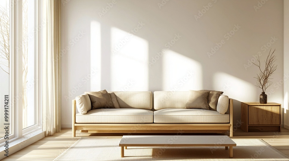 Fototapeta premium Photographed the living room of a combination of Scandinavian and japandi interiors in a modern house. Generative AI 