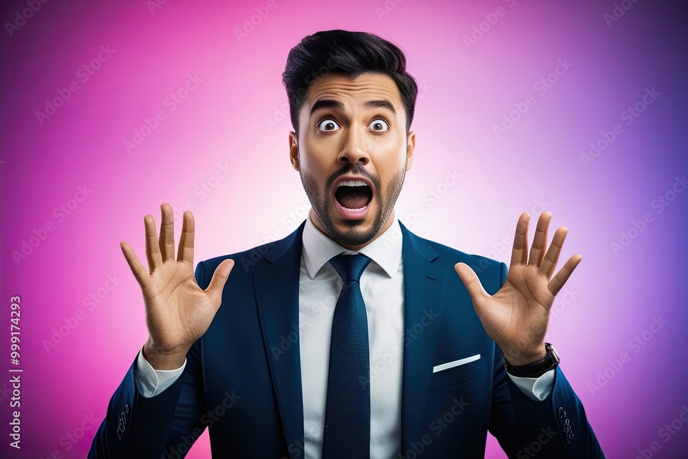 Dashing Young Executive with Astonished Expression Against a Luminous Vibrant Hue Backdrop Dashing Young Executive with Astonished Expression Against a Luminous Vibrant Hue Backdrop