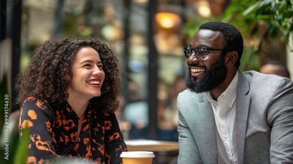 Happy Conversation in Modern Café Setting Happy Conversation in Modern Café Setting