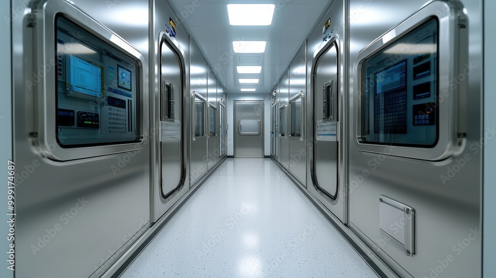 Obraz premium Modern Cleanroom Corridor with Stainless Steel Walls and High Tech Equipment