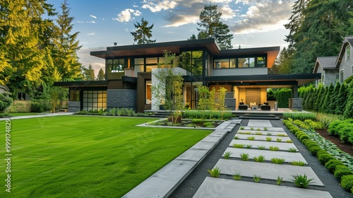 Luxury Home Exterior: Modern and Stylish Contemporary Design with Large Lawn, Paved Walkway, and Lush Greenery