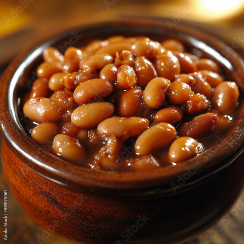Traditional Baked Beans in Rustic Clay Bowl