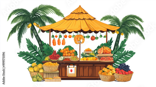 Tropical Fruit Stand: A vibrant illustration of a tropical fruit stand, bursting with colorful fruits and adorned with lush palm trees, creating a sense of paradise and abundance.  photo