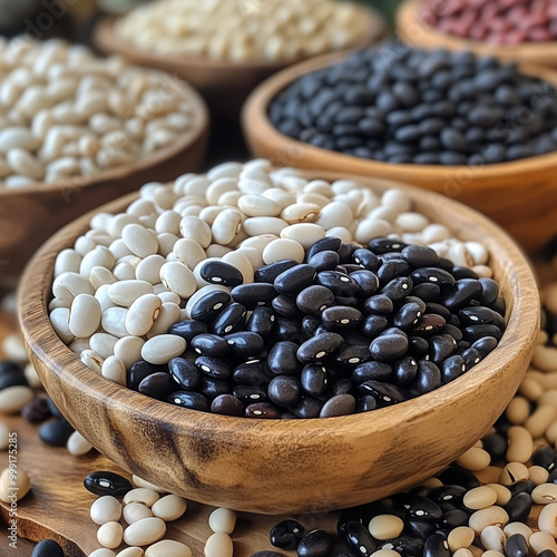 Black and White Beans in Wooden Bowl