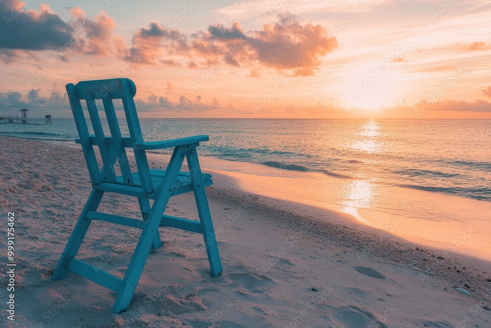 Tranquil beach scene with colorful chair at sunset Tranquil beach scene with colorful chair at sunset