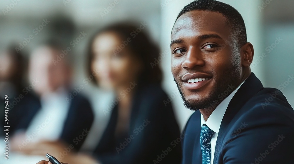 Professional Man Smiling in Business Meeting Setting Professional Man Smiling in Business Meeting Setting