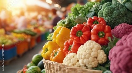 Fresh Produce Basket at Farmer s Market   Vegetables  Fruits  and Flowers photo