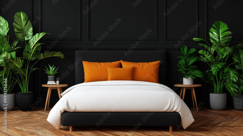 Modern Bedroom Interior Design with Black Walls White Bedding and Green Plants Modern Bedroom Interior Design with Black Walls White Bedding and Green Plants