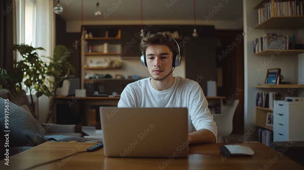 Young Man Working on Laptop in Modern Home Office Young Man Working on Laptop in Modern Home Office