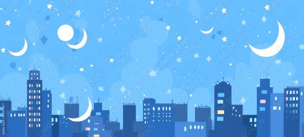 a City Skyline at Night with Stars, Moon, and Silhouetted Buildings, Minimalist Design in Blue Color Scheme a City Skyline at Night with Stars, Moon, and Silhouetted Buildings, Minimalist Design in Blue Color Scheme