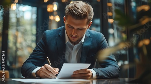 Professional Man Writing in Modern Office Setting