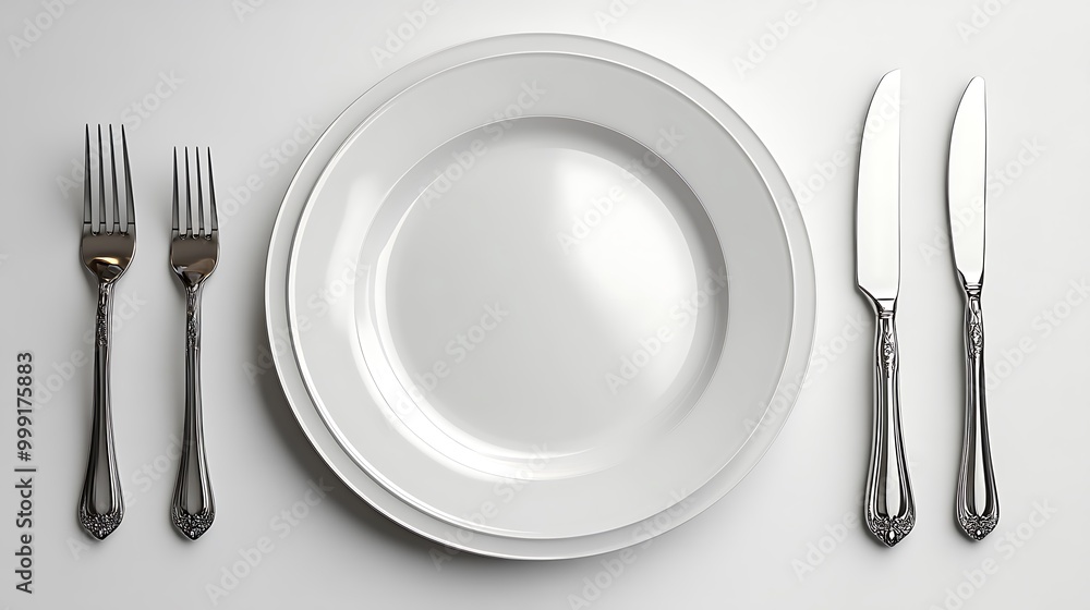 Waiting for our dinner with served plate, fork, and knife in a girl's hands on a white background. A place for text, top view. isolated on white background design Waiting for our dinner with served plate, fork, and knife in a girl's hands on a white background. A place for text, top view. isolated on white background design