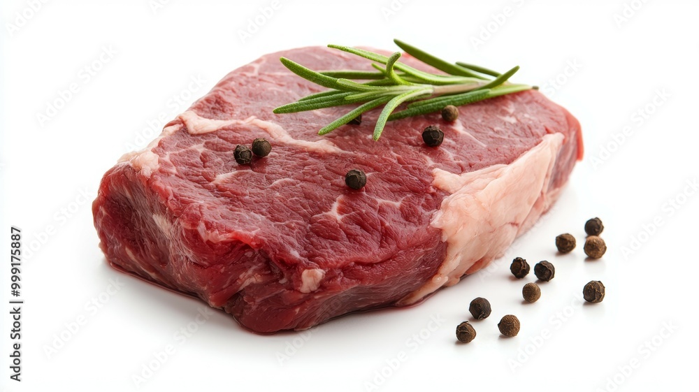 A piece of meat with pepper and rosemary on top A piece of meat with pepper and rosemary on top