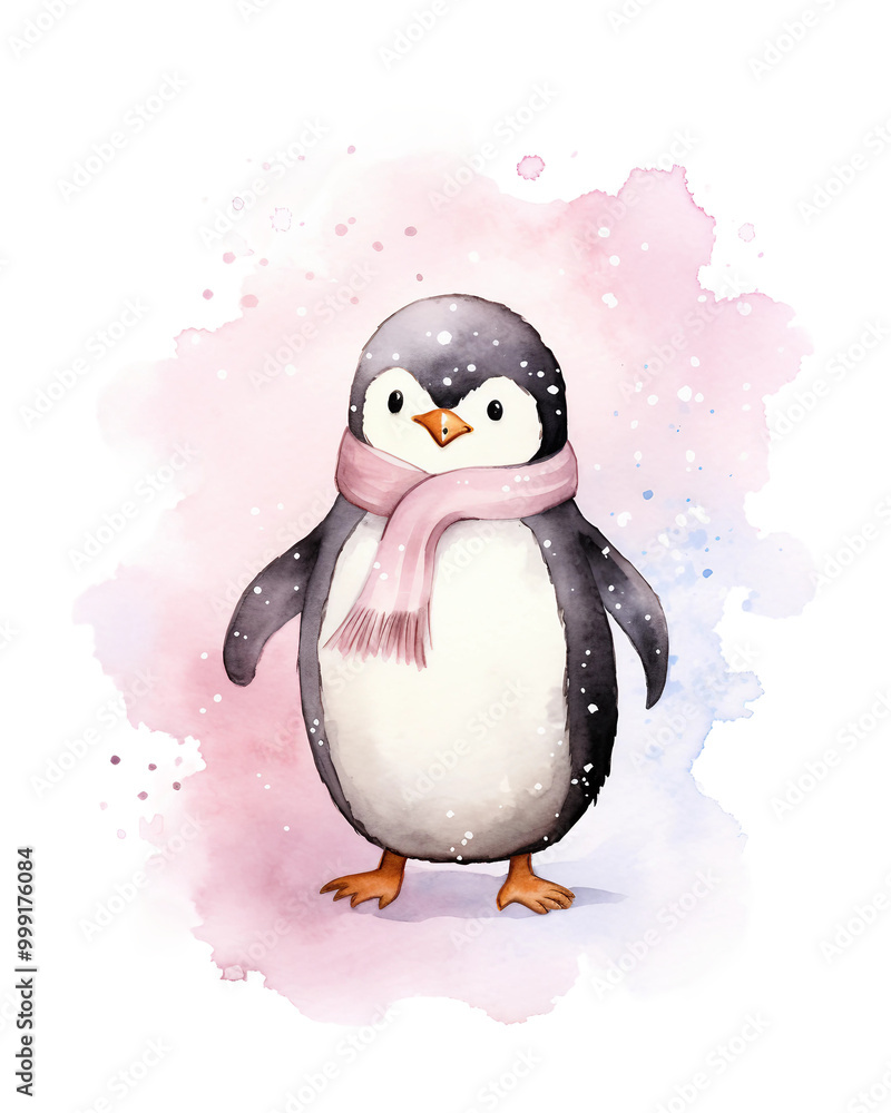 Fototapeta premium A cute penguin wearing a pink scarf stands in a watercolor painting