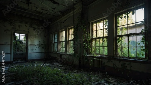 Wallpaper Mural A darkened room in an abandoned asylum, overgrown with vines, features broken windows and a decaying floor Torontodigital.ca