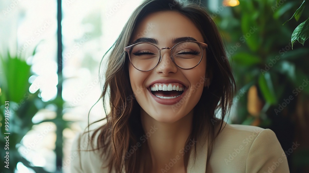 Smiling Woman in Bright Indoor Setting Smiling Woman in Bright Indoor Setting