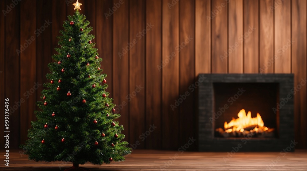 Decorated Christmas Tree with Fireplace and Wooden Wall Background Decorated Christmas Tree with Fireplace and Wooden Wall Background