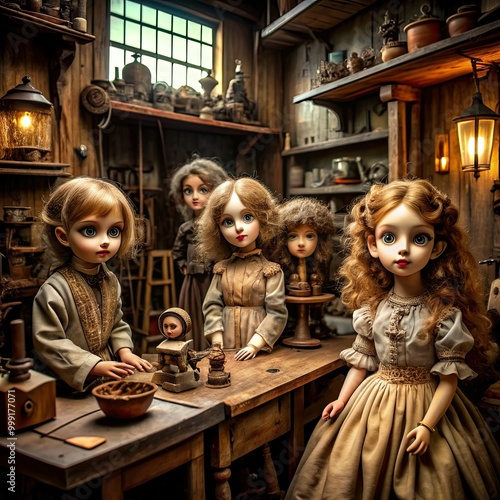 A group of porcelain dolls stand inside a wood-paneled workshop, surrounded by tools and supplies photo