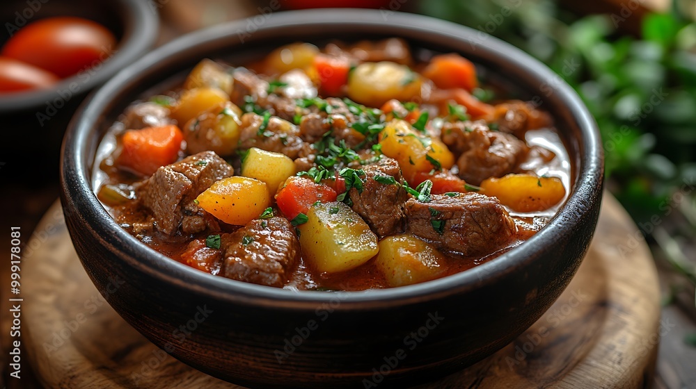A rustic bowl of beef stew with vegetables. A rustic bowl of beef stew with vegetables.