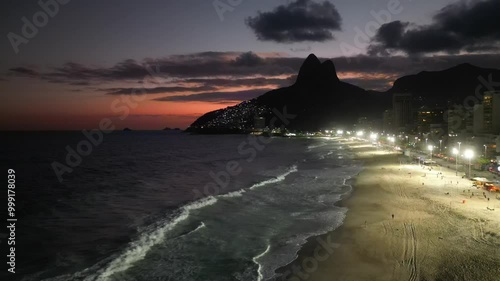 Drone sunset view 4k Ipanema Beach in Rio de Janeiro aerial
