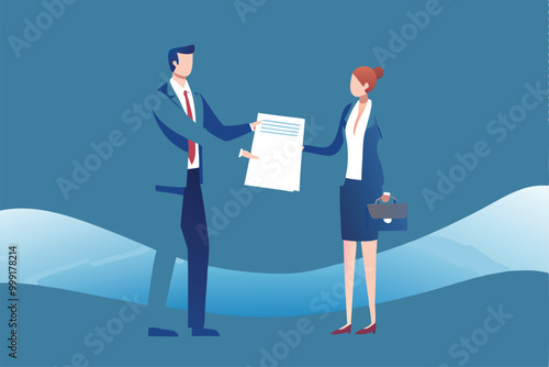 A man in a suit hands a loan contract to a female banker.