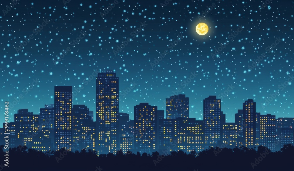 a City Skyline at Night with Stars and Moon, Urban Glow Against Dark Blue Background a City Skyline at Night with Stars and Moon, Urban Glow Against Dark Blue Background