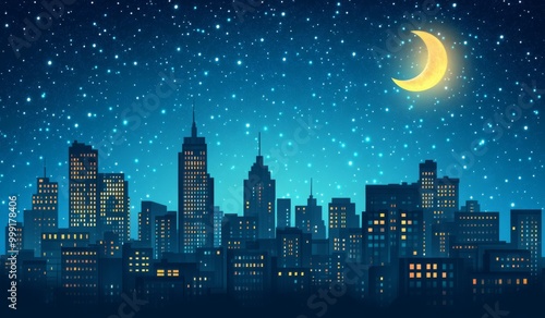 a City Skyline at Night with Stars and Moon, Urban Glow Against Dark Blue Background 
