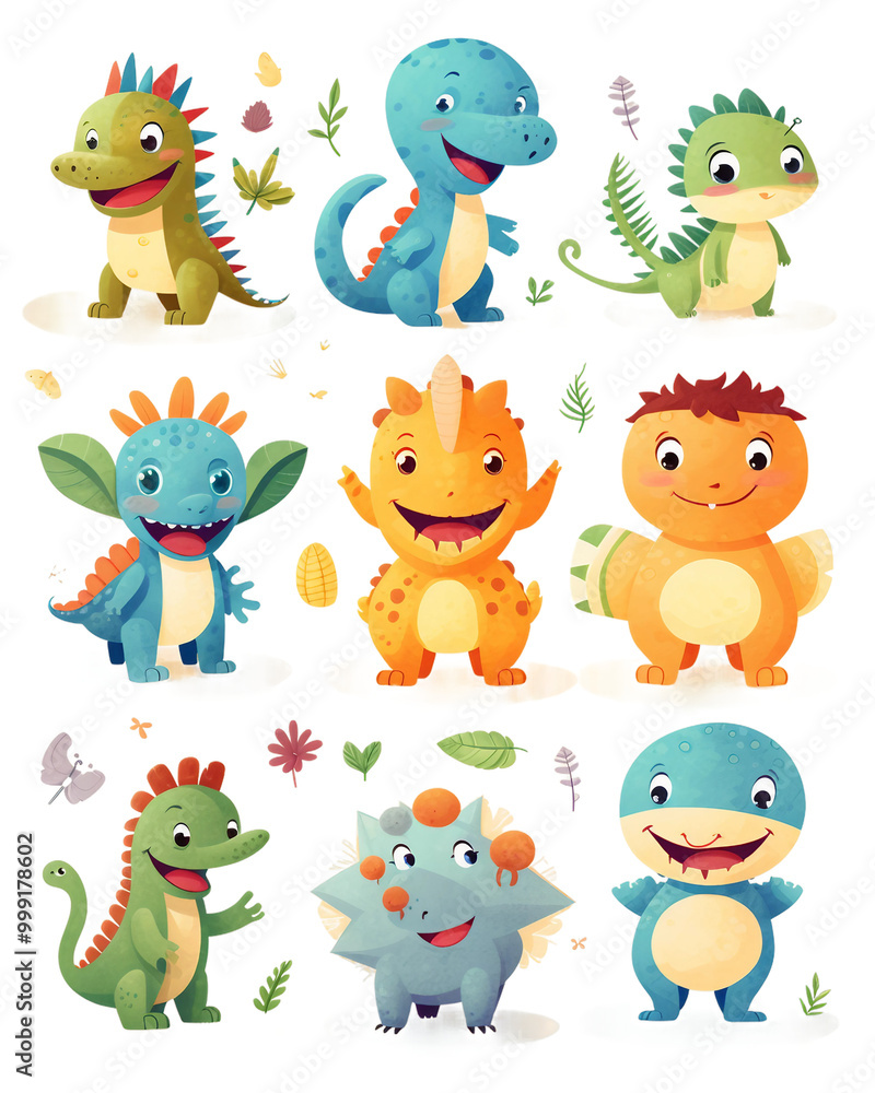A set of cartoon dinosaurs with different colors and expressions A set of cartoon dinosaurs with different colors and expressions
