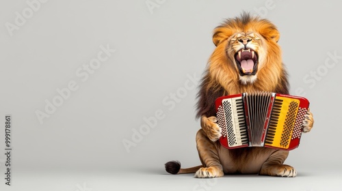 A lion playing an accordion, showcasing a whimsical, humorous scene of an animal engaging in a musical performance.