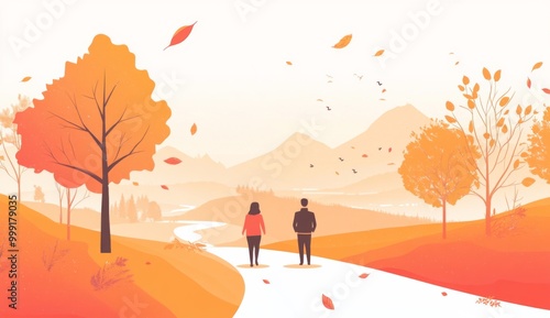 ouple Walking Along a Path to the Mountain Top in Autumn, with Falling Leaves