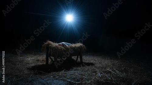 Starry night in Bethlehem, birth of Jesus Christ in humble barn shines like light in dark, creating beautiful nativity scene by manger, where wonders of astronomy meet spirit of Christmas, religion. photo