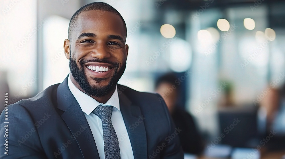 Professional Man Smiling in Modern Office Setting Professional Man Smiling in Modern Office Setting