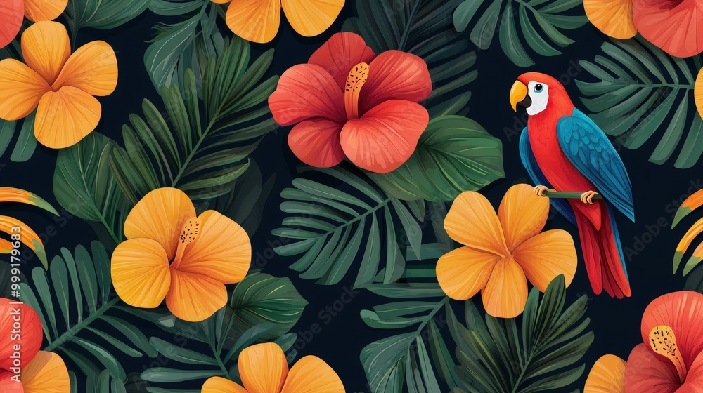 Tropical Rainforest Seamless Pattern with Parrot Hibiscus Flowers and Palm Leaves Tropical Rainforest Seamless Pattern with Parrot Hibiscus Flowers and Palm Leaves