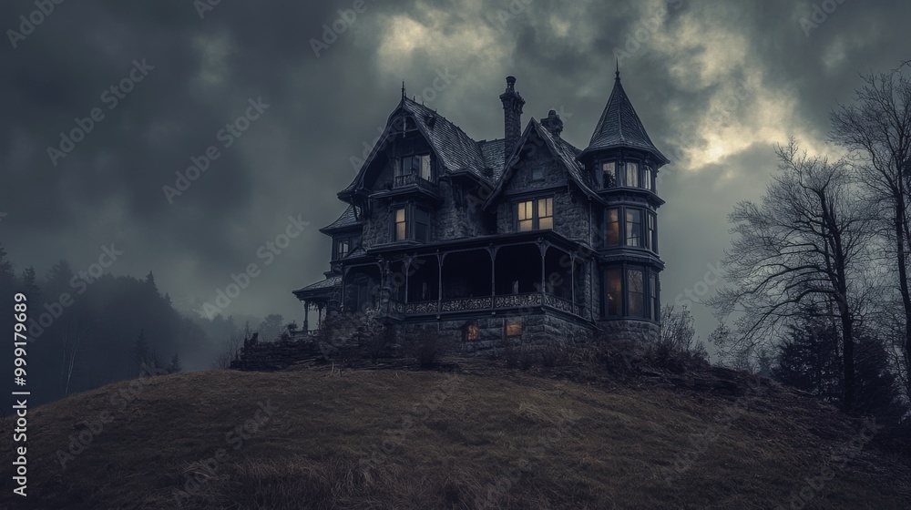 A large, old, dark, gothic Victorian-style mansion with a steep roof and many windows stands on a hill covered in tall grass and trees. The sky above is filled with dark stormy clouds. A large, old, dark, gothic Victorian-style mansion with a steep roof and many windows stands on a hill covered in tall grass and trees. The sky above is filled with dark stormy clouds.