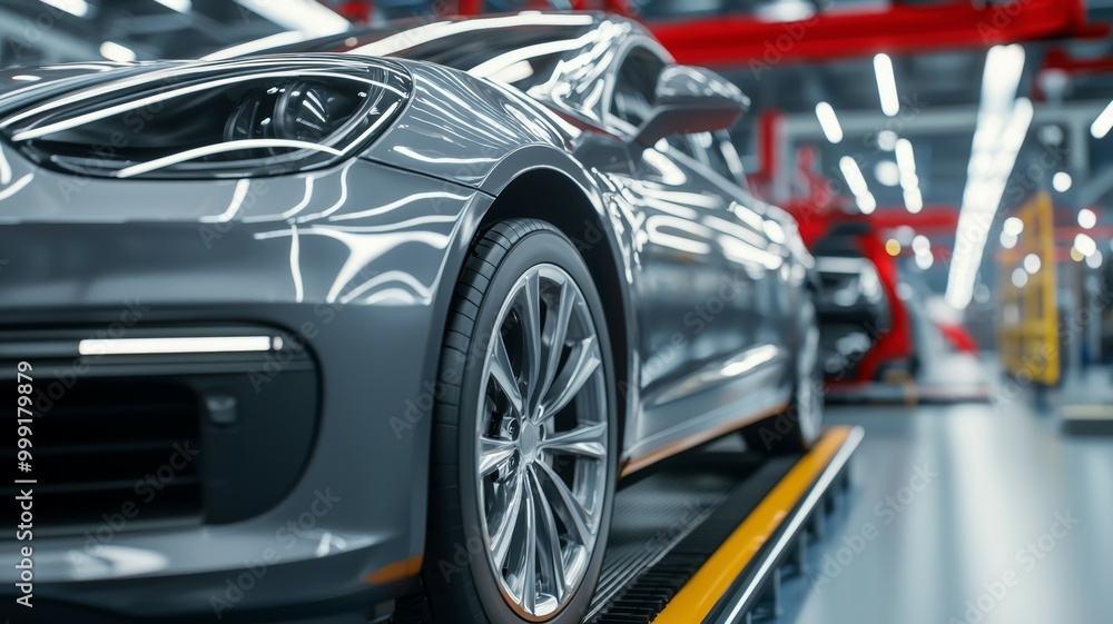 A silver car is on a conveyor belt in a factory A silver car is on a conveyor belt in a factory
