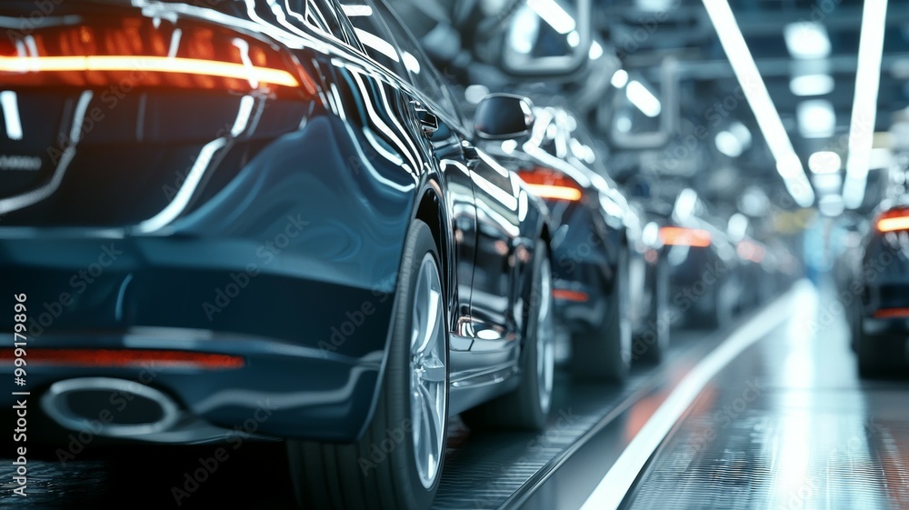 A row of cars are being manufactured in a factory A row of cars are being manufactured in a factory