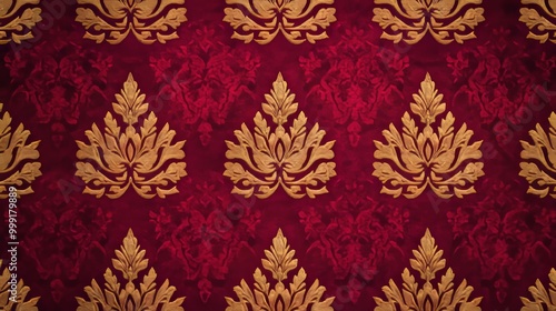 Vintage red and gold damask pattern with ornate details.