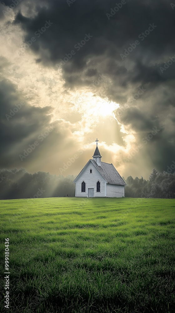 Dawn serene meadow unfolds beneath the sky, where mist gently blankets grass, framing church building embodies beauty of nature, spirit Christianity as sunrise casts a warm glow over landscape. Dawn serene meadow unfolds beneath the sky, where mist gently blankets grass, framing church building embodies beauty of nature, spirit Christianity as sunrise casts a warm glow over landscape.