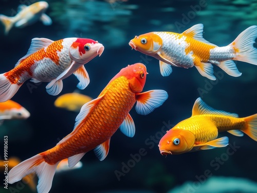 Colorful koi fish swimming gracefully through the water, showcasing vibrant hues and a peaceful aquatic environment.