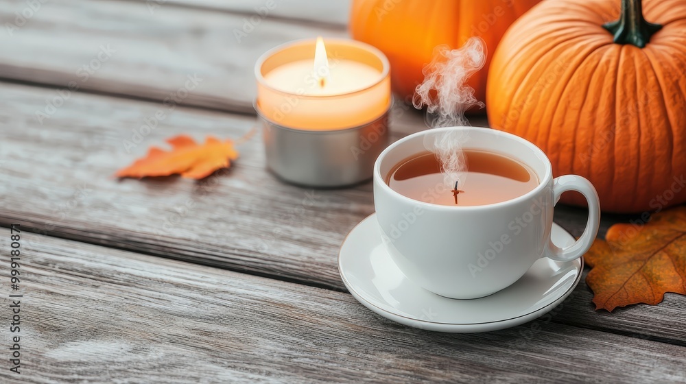 Cozy Autumn Tea Time with Candlelight and Pumpkins Cozy Autumn Tea Time with Candlelight and Pumpkins